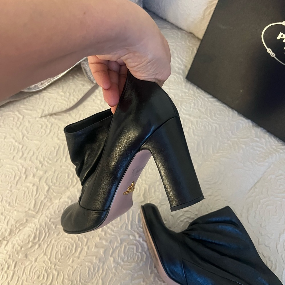 ✅Prada Black Leather Draped Ankle Booties. European size 37.5 =7.5 US size) - Picture 12 of 15